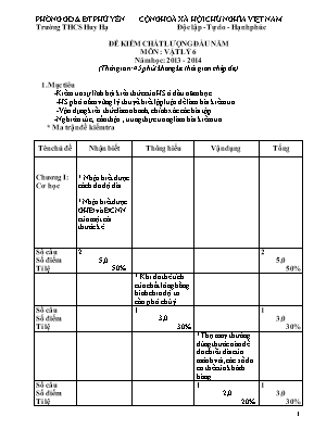 Đề kiểm chất lượng đầu năm môn Vật lý 6 - Năm học 2013 - 2014
